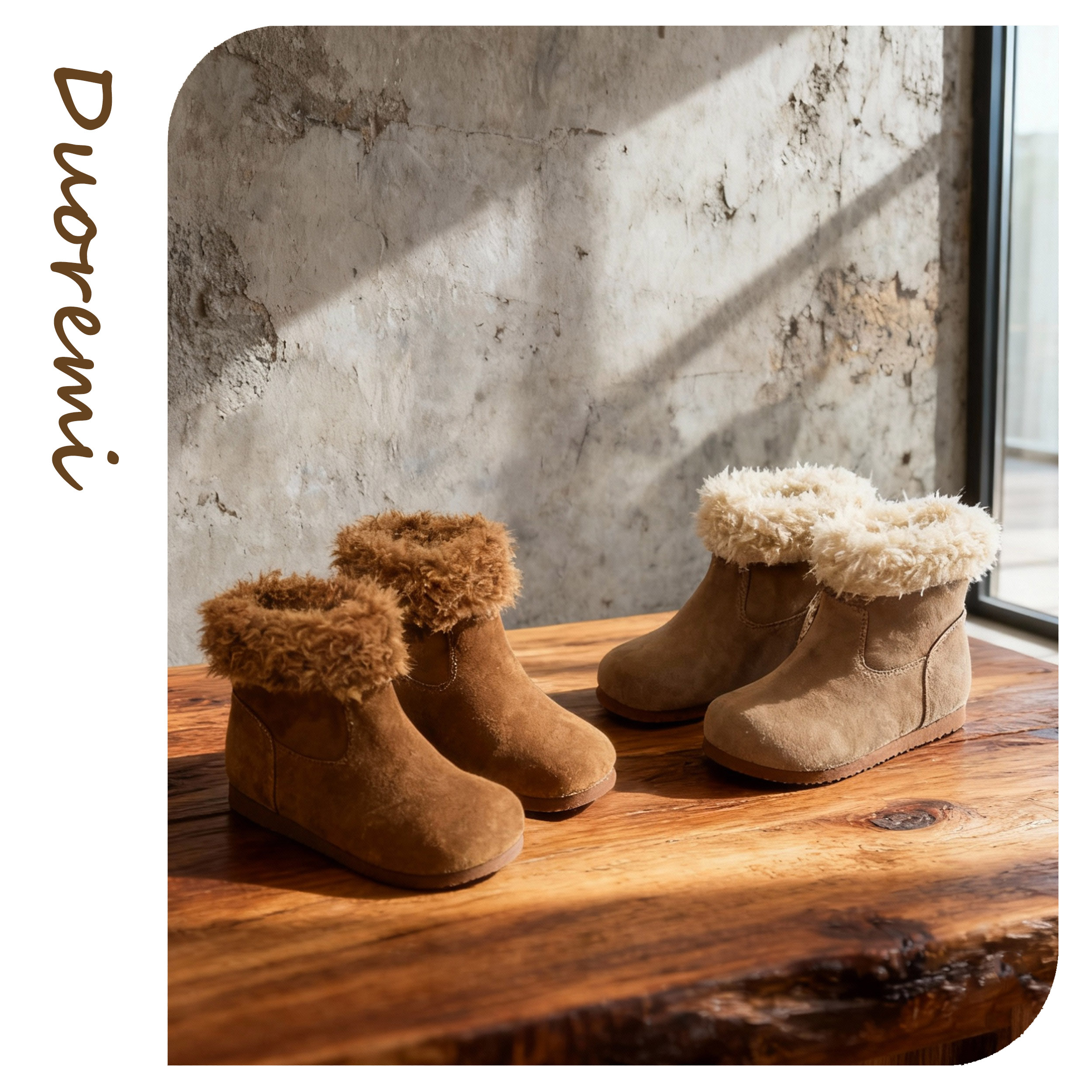 Duoremi女童冬季25AW36冬季新款复古加厚牛皮一脚蹬雪地靴棉靴