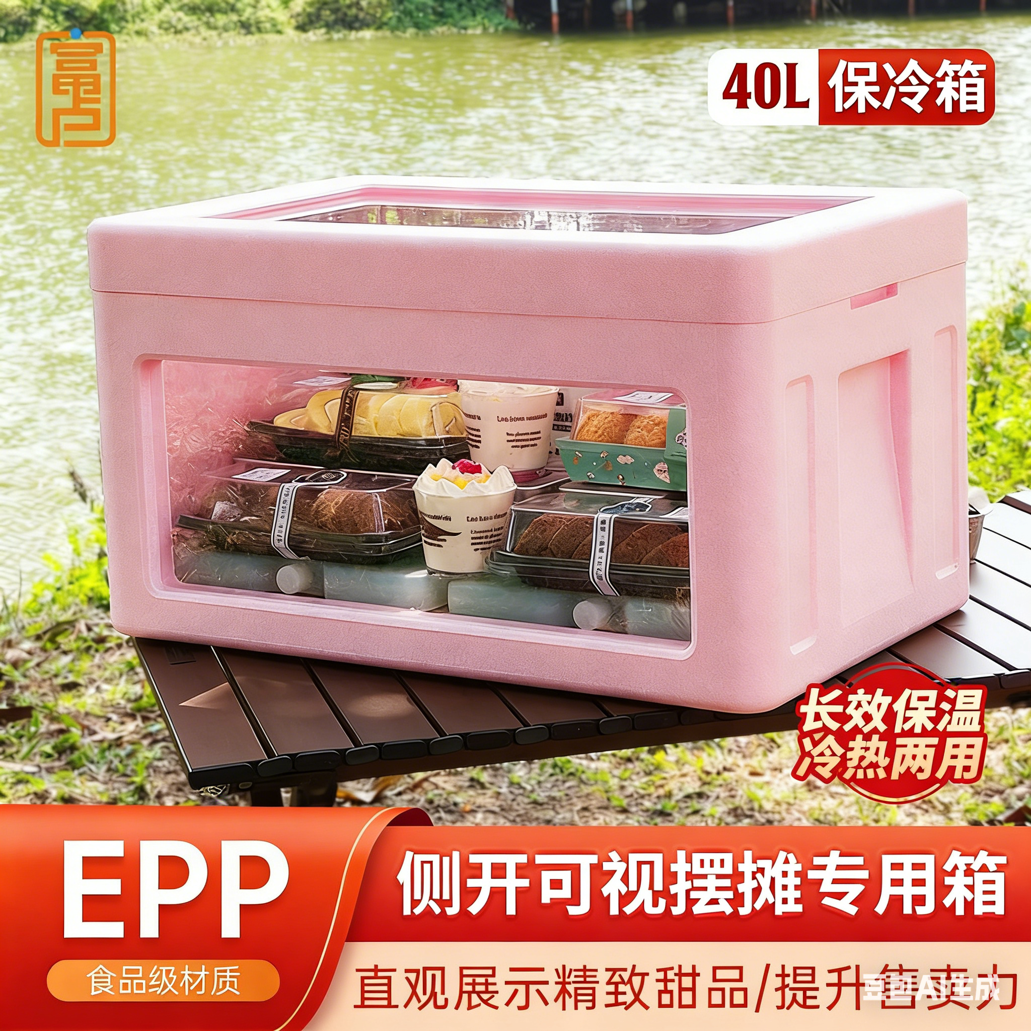 40L食品级摆摊商用保温箱透明盖甜品三明治出摊专用冷藏箱泡沫箱