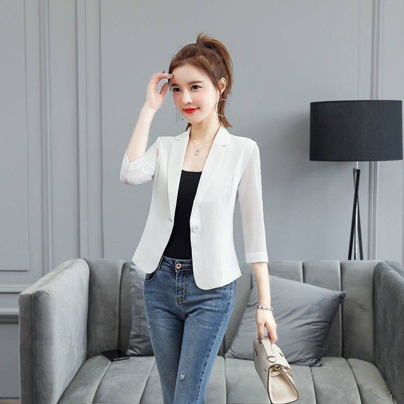 雪纺小西装外套女士夏季薄款2023新款洋气短款白色休闲西服上衣