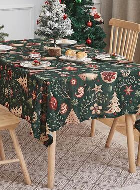新款圣诞桌布美式复古风布艺长方形红色餐桌布氛围装饰桌垫高级感