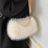 2025甜美元 气粉色毛绒包珍珠链条装 饰轻奢腋下包韩系单肩斜挎包
