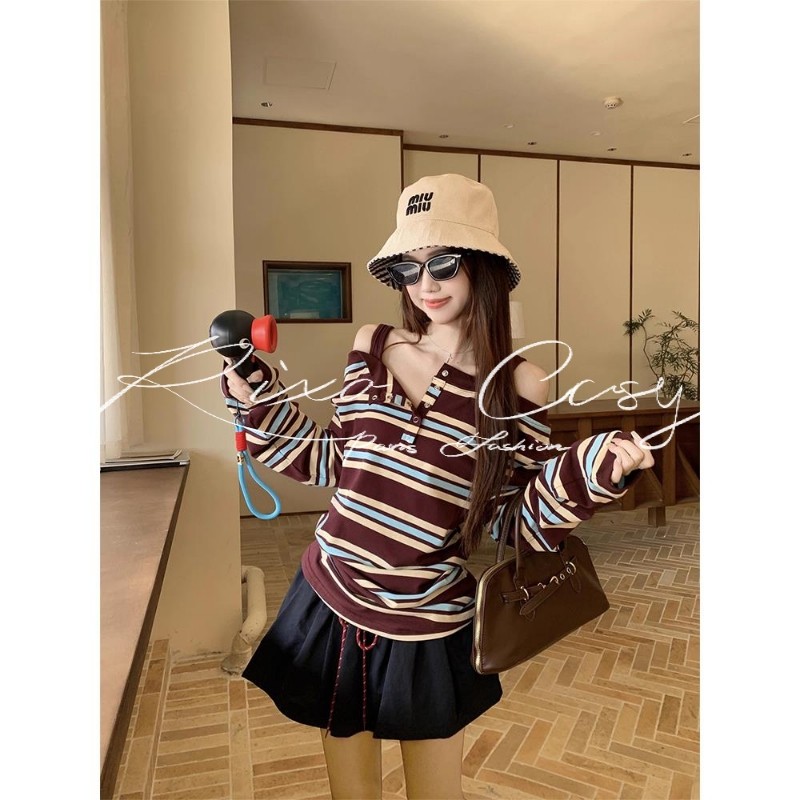 RIXO COSY设计感撞色条纹露肩长袖T恤女秋季显瘦半身裙短