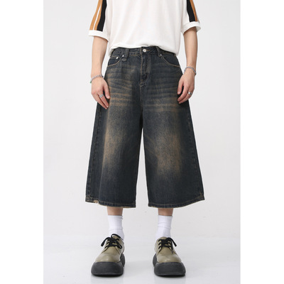 MTLCLOTHES男装|夏款韩版休闲宽松阔腿复古做旧水洗七分牛仔裤潮