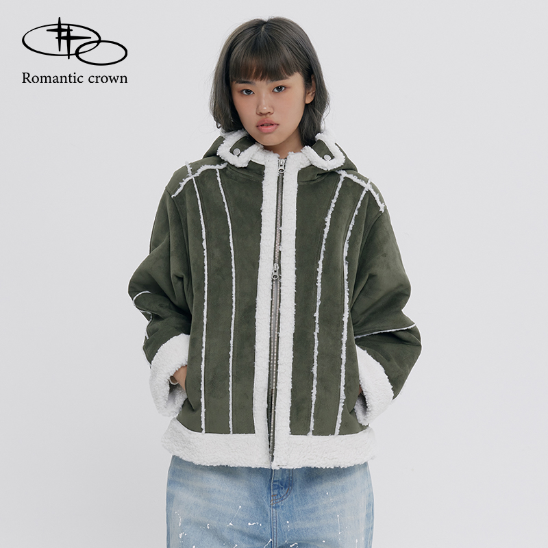 RomanticCrown24秋冬新款摩托梭织绒面夹克街头复古保暖外套男女