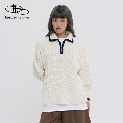 RomanticCrown刘也同款24秋冬新款粗针POLO领套头拉链针织衫毛衣