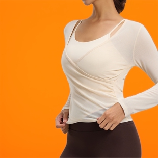 肥小棉网纱长袖吊带两件套带胸垫瑜伽服透气显瘦罩衫运动上衣女