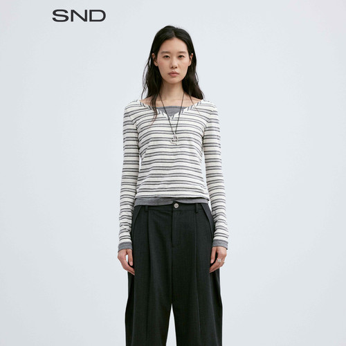 SNDPF26条纹V领假两件上衣