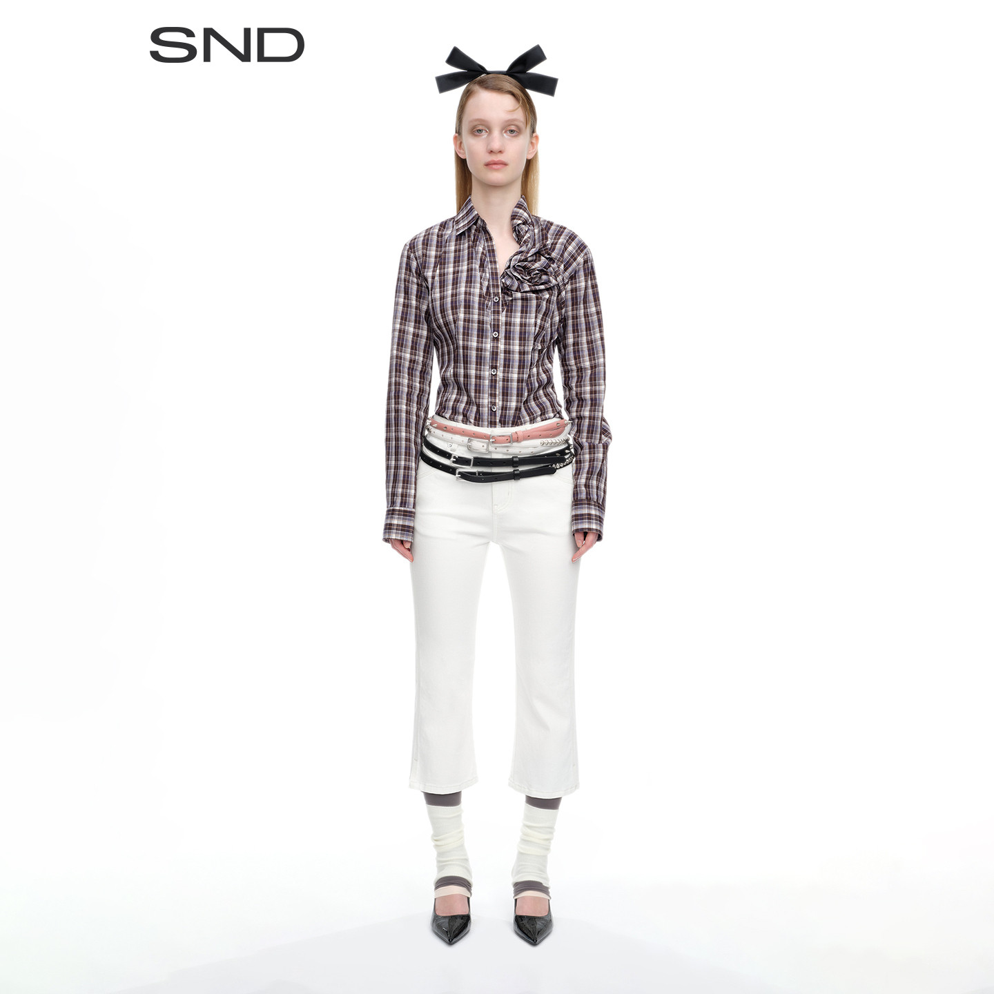 SNDSS26弹力修身开衩7分牛仔裤图片