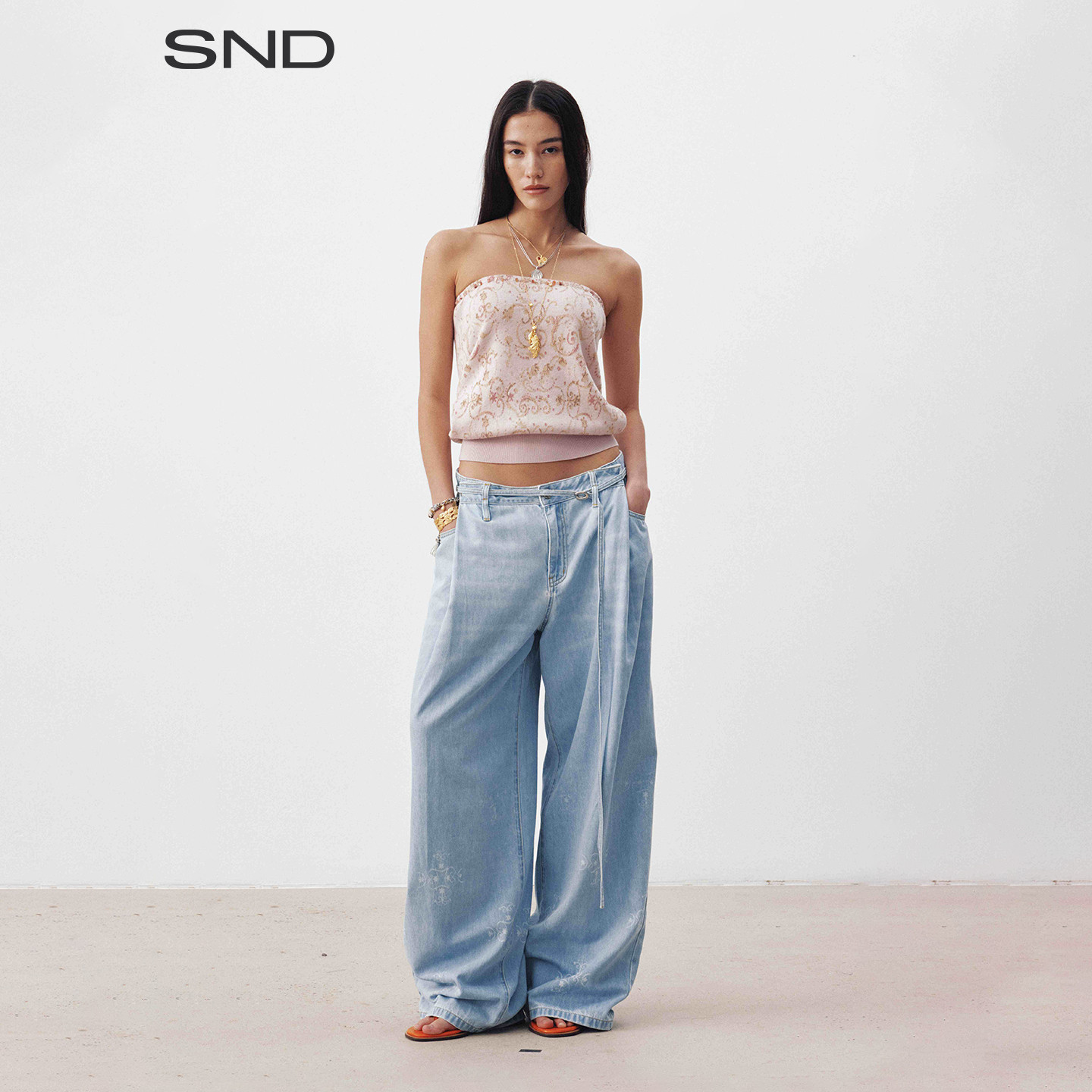 SS26印花系带水洗牛仔裤女款图片