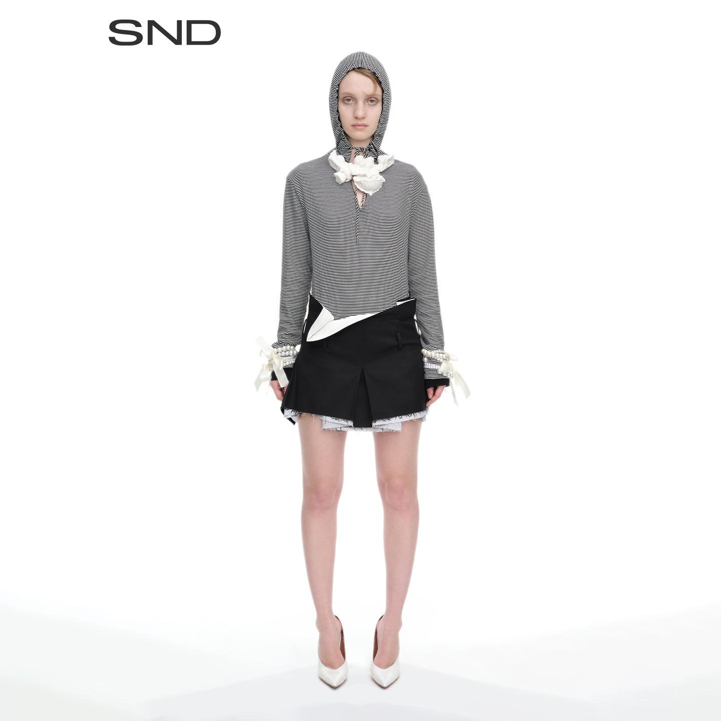 【TRINITE 设计师品牌】SND SS26 条纹刺绣双层翻折连帽衫女款