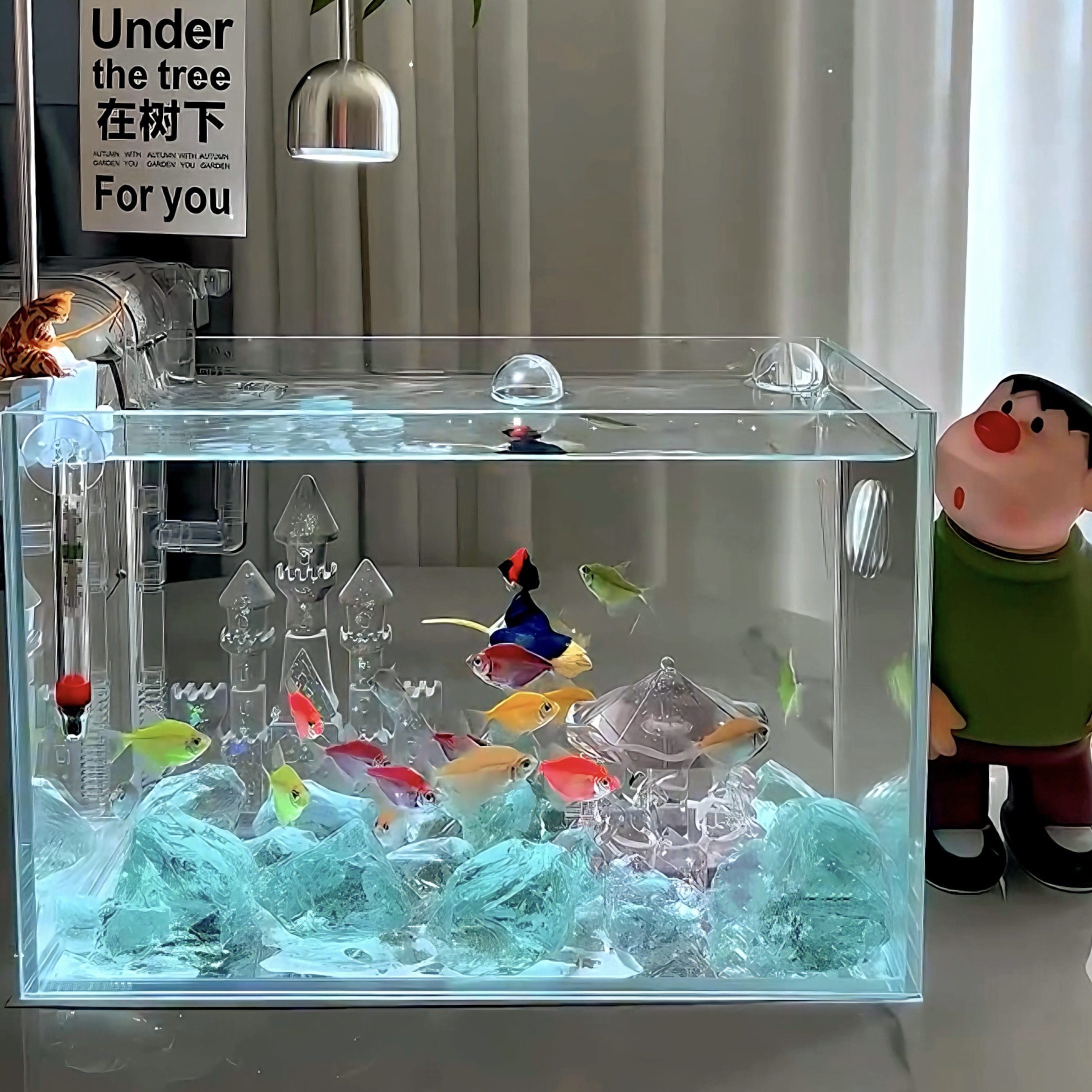 玻璃鱼缸造景梦幻粉色水晶城堡旋转木马水族箱创意微景观底部摆件