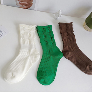 中筒冰冰袜jk白色堆堆袜 新款 个性 纯色针织破洞乞丐袜子女夏季 薄款