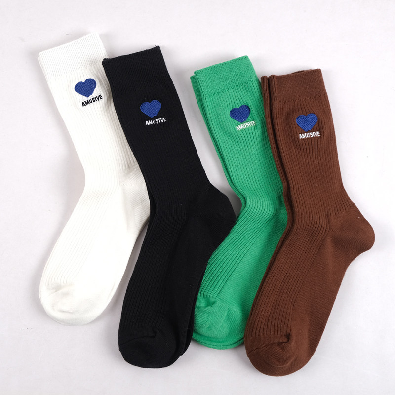 爱心刺绣黑绿白双针小标长袜男女