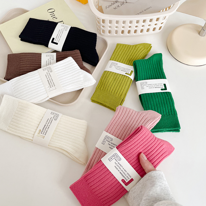 竖条纹袜子女彩色中筒纯色堆堆袜