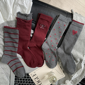 灰色袜子女无骨中筒袜秋冬纯棉日系爱心堆堆袜春秋款 安可拉红长袜