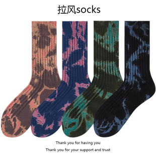 扎染褪色做旧袜子粗针纯棉运动街头复古堆堆袜长袜男女情侣中筒袜