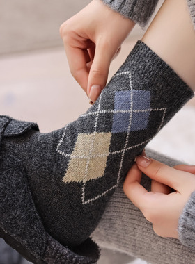 复古菱格羊毛袜子女中筒袜秋冬季加厚保暖灰色羊绒袜冬天加绒长袜