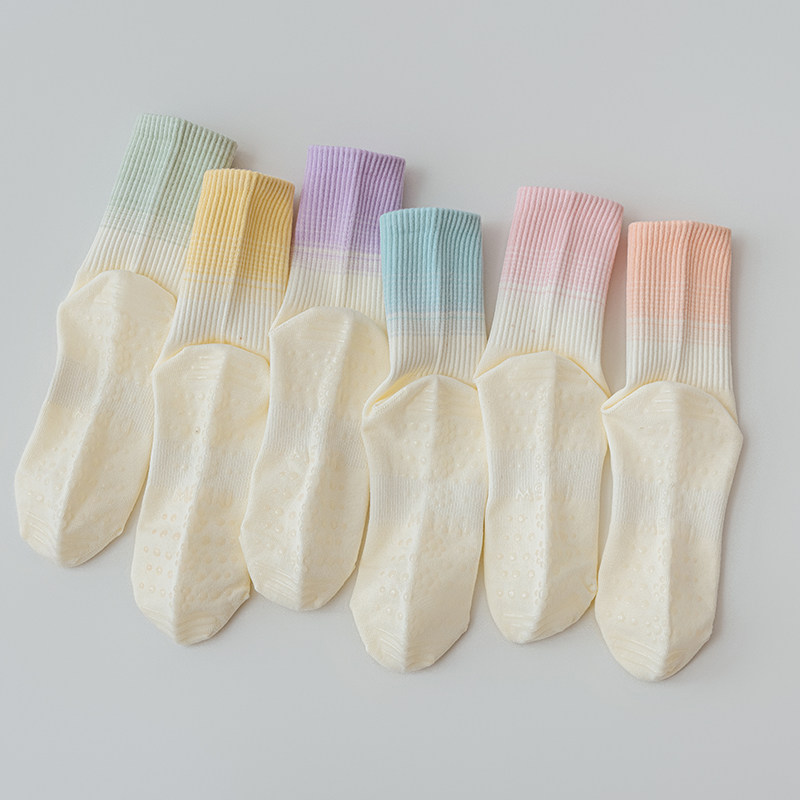 渐变色瑜伽袜子女中筒袜纯棉春秋款专业健身普拉提防滑运动袜秋冬