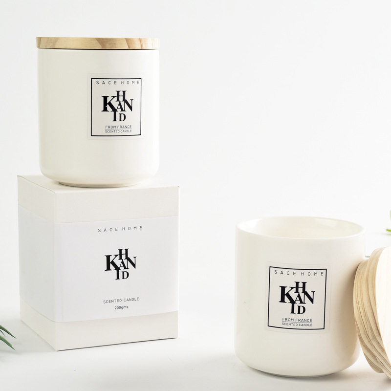 KHANID创意礼品白陶瓷杯带木盖香薰精油蜡烛豆蜡香氛礼盒家居摆件