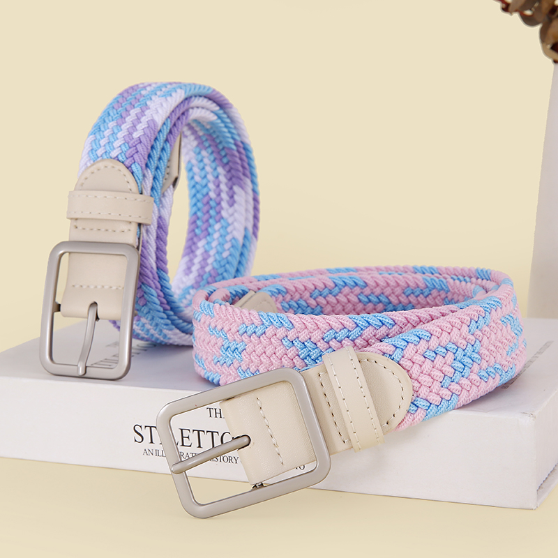 女士方扣弹力编织百搭免打孔皮带