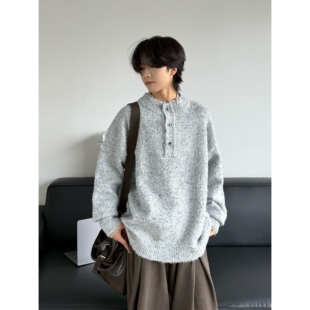 19otiwtt秋冬老钱风亨利领假两件毛衣男简约百搭宽松保暖针织衫