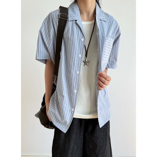 夏季古巴领蓝条纹短袖男衬衫