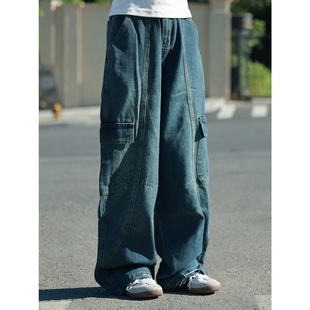 19otiwtt日系慵懒风水洗蓝色牛仔裤男女宽松大口袋复古直筒长裤子