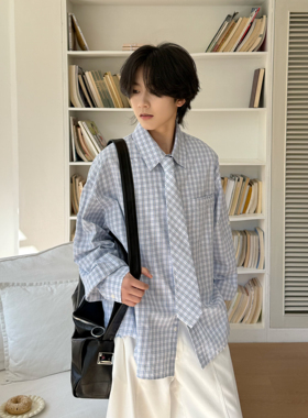 19otiwtt简约复古高智感蓝色格子长袖衬衫男女通勤宽松衬衣外套