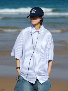 19 FREE 23SS日系潮流蓝色细条纹T恤宽松简约ins少年感半袖衬衫男