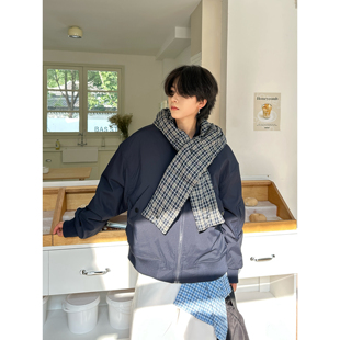 19otiwtt日系格子拼接连帽围巾一体短款飞行棉服男款冬季保暖外套