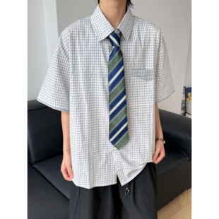 19otiwtt日夏季简约复古格子短袖衬衫休闲纯棉百搭格纹衬衣外套