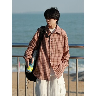 19otiwtt日系街头格子撞色长袖 男女复古宽松bf风情侣休闲外套 衬衫