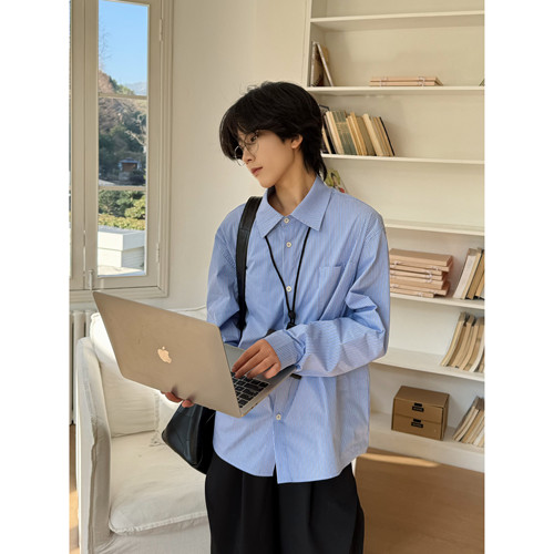 美式复古竖条纹长袖情侣衬衫