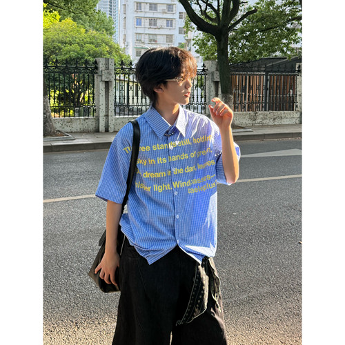 美式复古学院风翻领条纹短袖衬衫