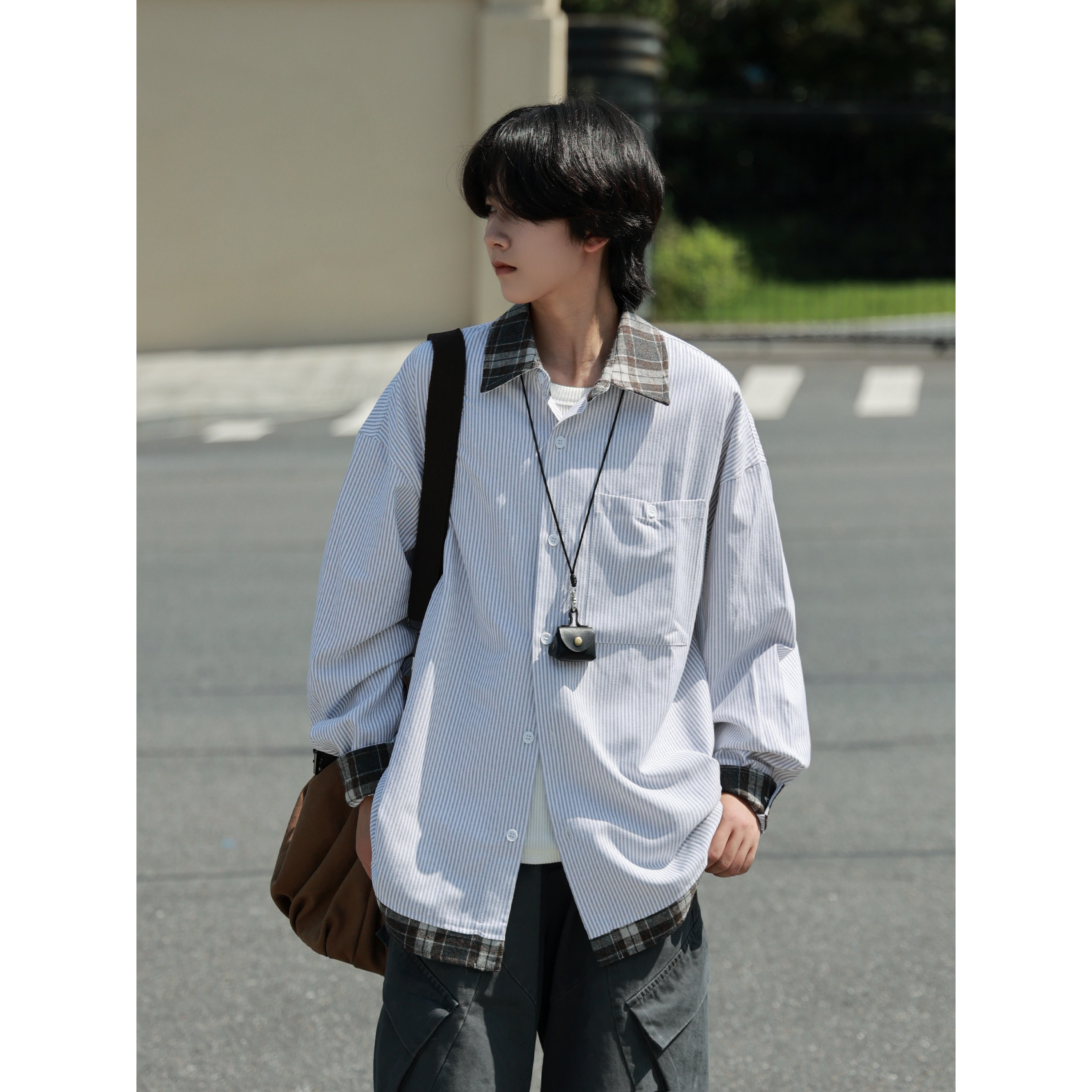 19otiwtt日系复古格子拼接假两件衬衫男潮牌外套格子纹百搭衬衣,男装,衬衫,淘宝优惠券,粉丝福利购,淘宝优惠卷