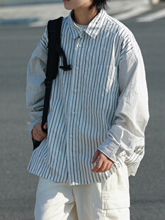 19otiwtt日系百搭宽松复古竖条纹衬衫 中性风cityboy简约休闲长袖