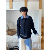 毛衣针织衫 19otiwtt美式 复古假两件拼接格纹长袖 cleanfit情侣上衣