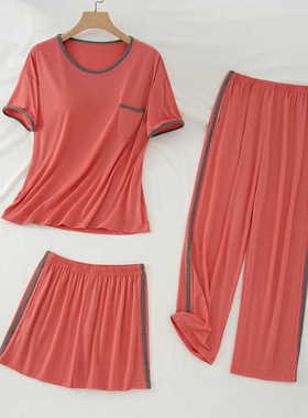 妈妈莫代尔女睡衣夏秋短袖长裤三套装薄款大码家居服可外穿