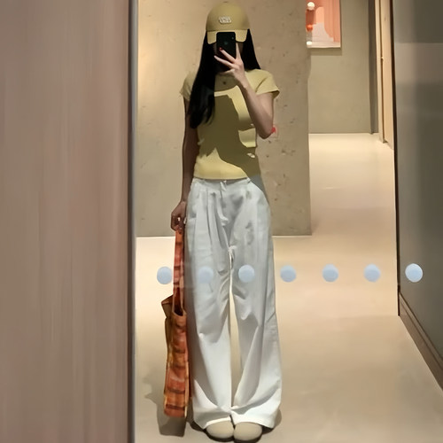 白色牛仔阔腿裤女褶皱高腰直筒裤