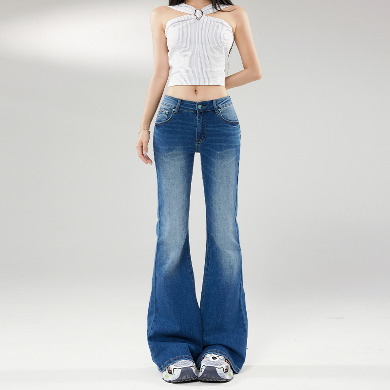 美式复古蓝低腰微喇叭牛仔裤女