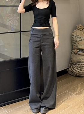 MY FAERIE侧腰三粒扣复古低腰阔腿裤女灰色显瘦垂感微喇休闲长裤