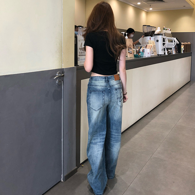 美式复古蓝低腰阔腿牛仔裤女刺绣