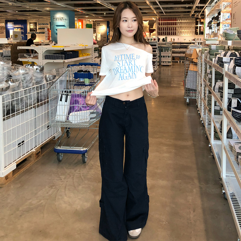MYFC宝蓝色工装牛仔裤女2025新款高腰显瘦设计感宽松直筒休闲裤子