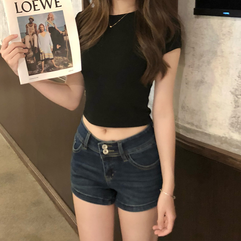 美式牛仔短裤女双扣包臀a字