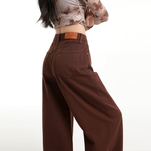 棕色阔腿牛仔裤女垂感宽松