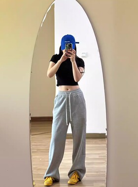 MYFC灰色复古阔腿休闲裤女2025新款百搭高腰显瘦直筒宽松运动卫裤