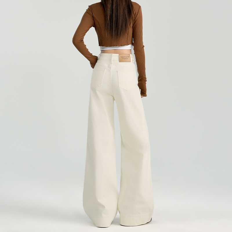 美式米杏色阔腿牛仔裤女宽松弹力