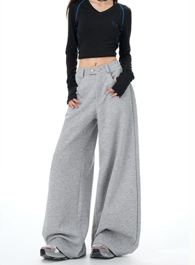 MYFC美式灰色阔腿休闲裤女2025秋季新款褶皱口袋宽松百搭直筒卫裤
