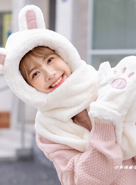 帽子围巾手套三件套甜美可爱女冬