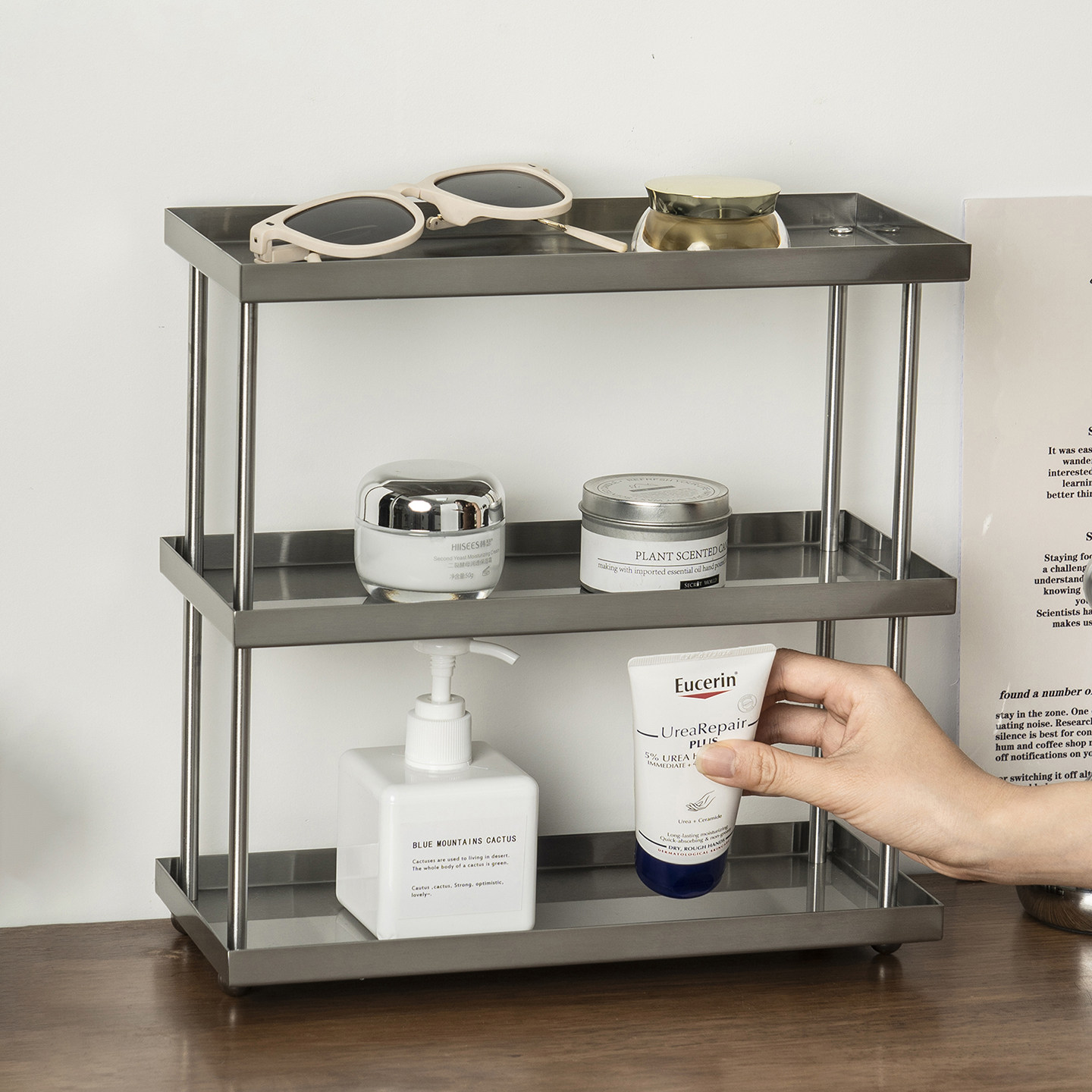 银色不锈钢多层收纳架咖啡茶杯子厨房卫生间化妆护肤品置物整理架